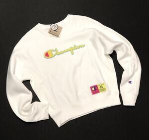 Women's Champion Reverse Weave Crew Sweatshirt White Neon Pink Size S Small